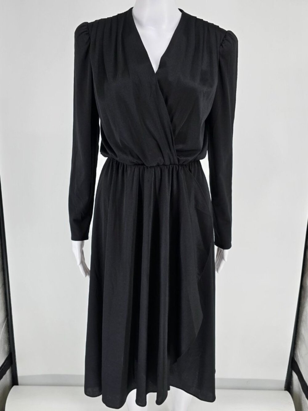 Vintage 1980s Alison Peters Black Long Sleeve Faux Wrap Midi Dress (Small)